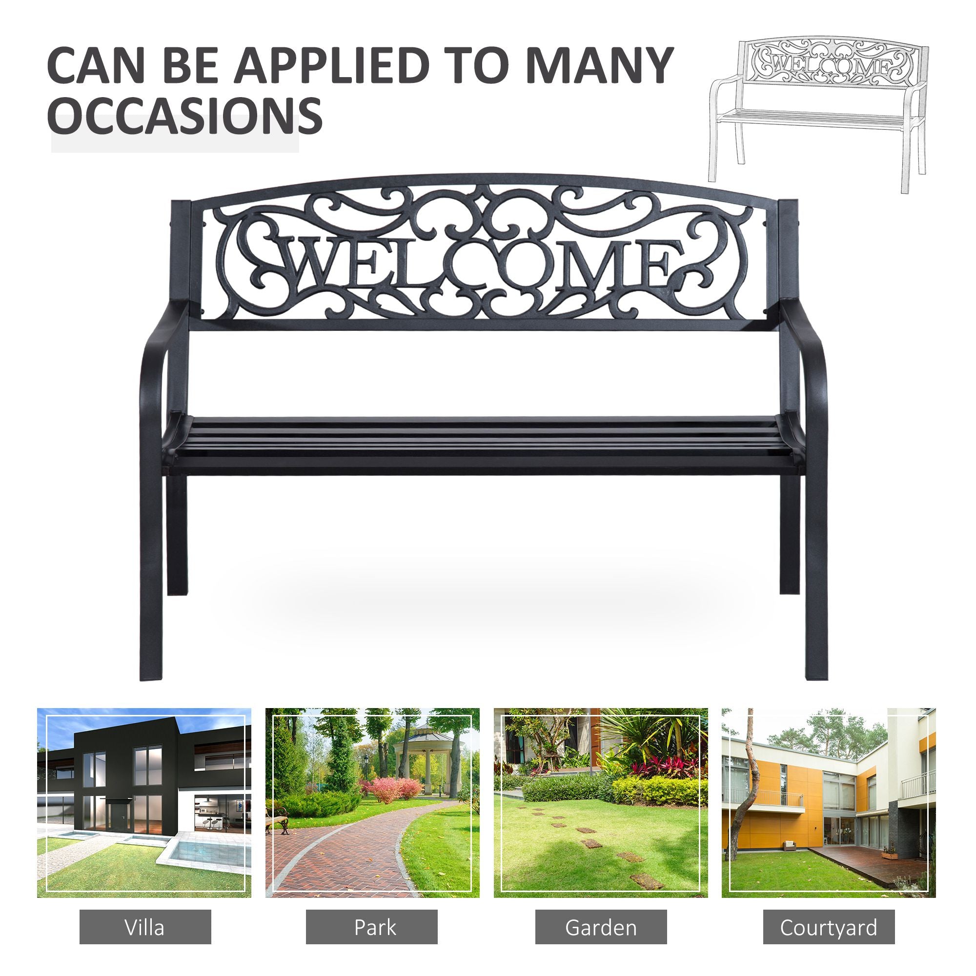 Outsunny Garden Bench 50" 2-Seater Patio Decorative Metal Loveseat Romantic Black 