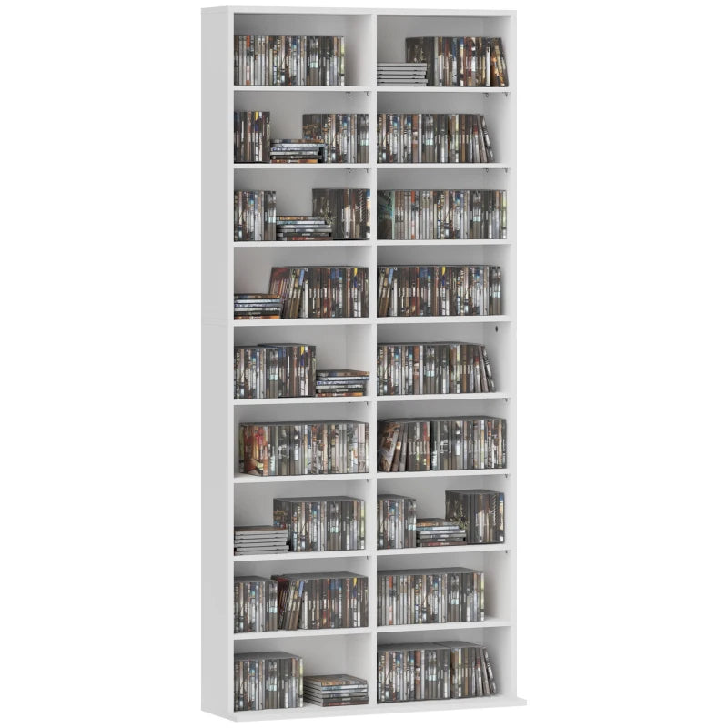 9-Tier DVD Shelf with 18 Compartments and 14 Adjustable Shelves, Holds 640 CDs, 360 DVDs or 430 Blu-rays, White
