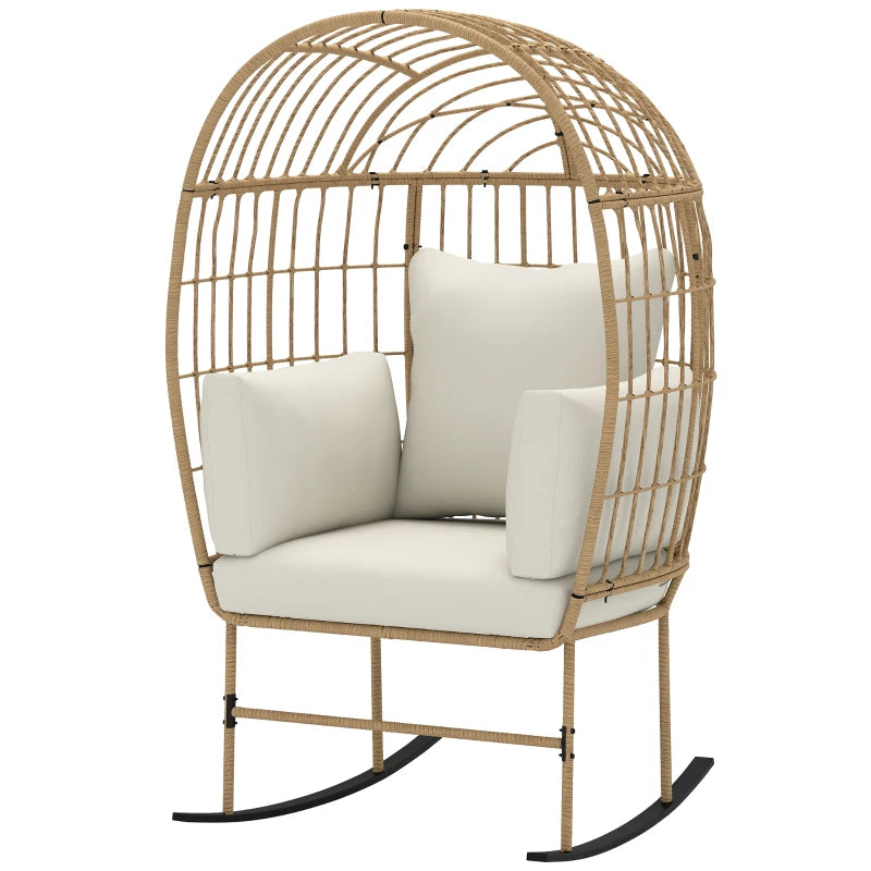 Oversized Rocking Chair, Indoor Outdoor Egg Chair w/ Thickened Cushions, Wicker Patio Lounger for Porch, Balcony, Beige