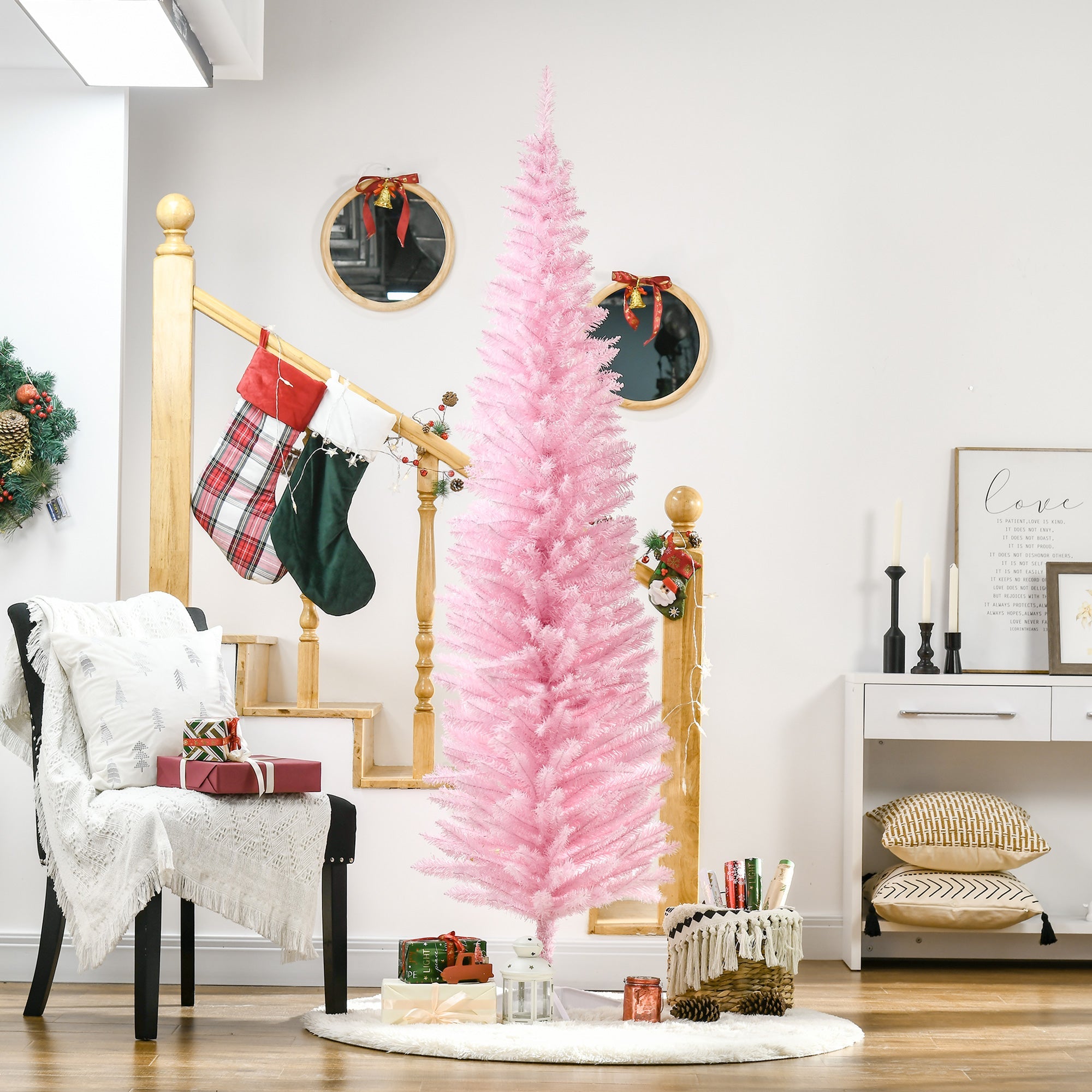 HOMCOM 7' Pencil Christmas Tree, Slim Artificial Xmas Tree with Realistic Branches, Sturdy Metal Stand, Pink 