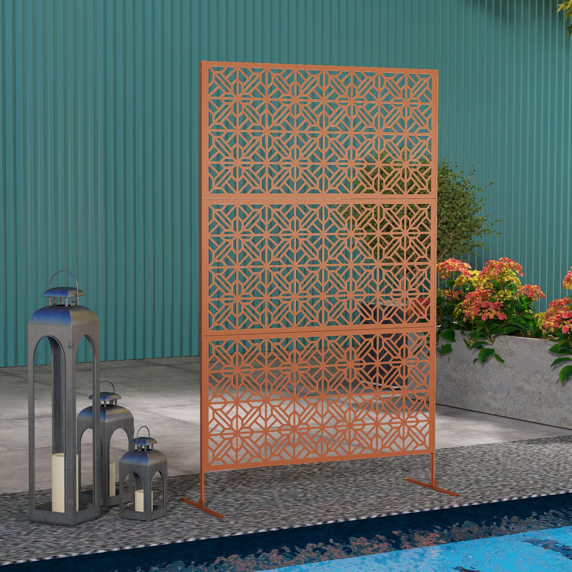 Outsunny Decorative Outdoor Privacy Panel with Stand, Freestanding Metal Outdoor Divider for Garden, Backyard, Deck, Brown 