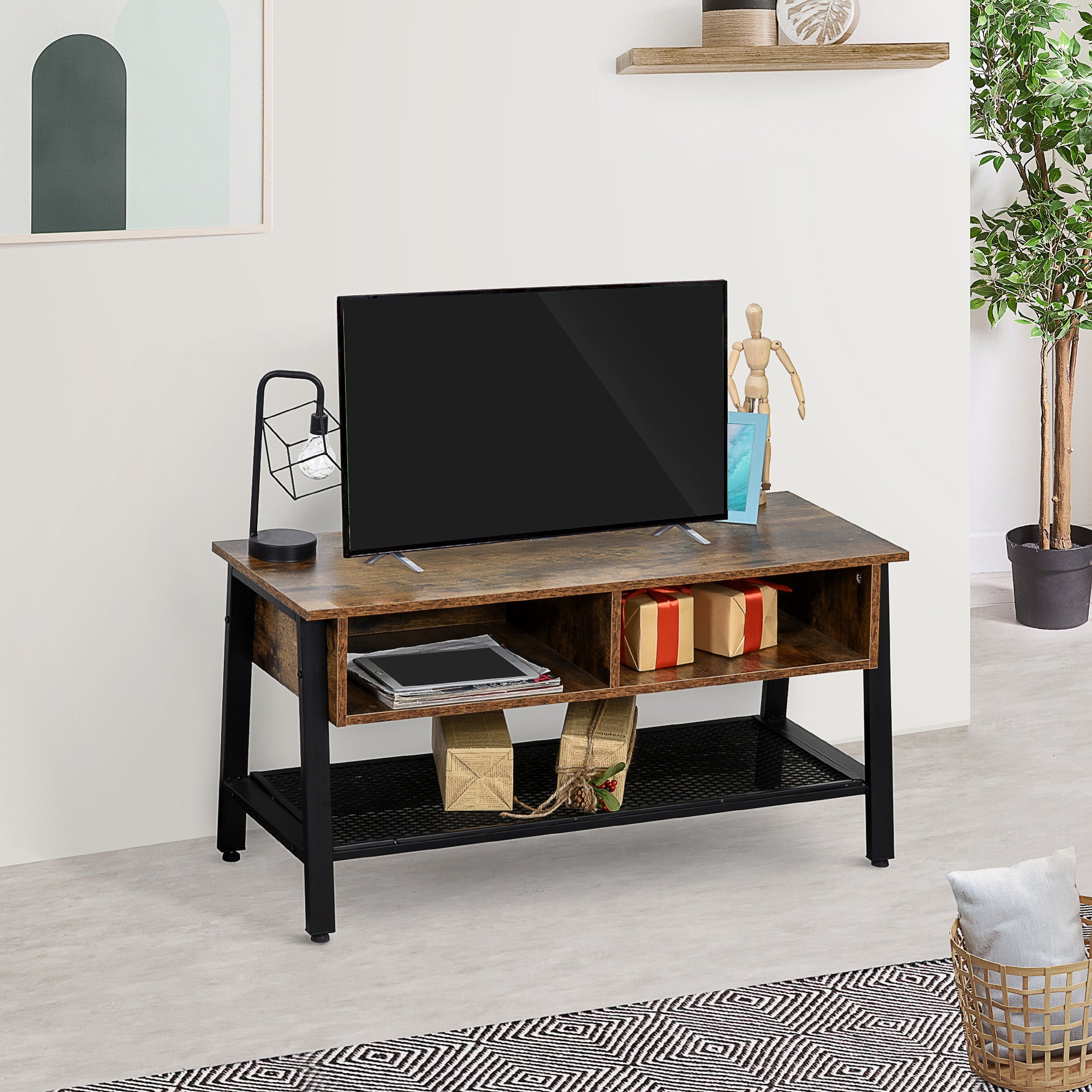 HOMCOM Mid Century TV Stand: For TVs up to 45", Media Console, Flat Screen, Entertainment Center, Rustic Brown 