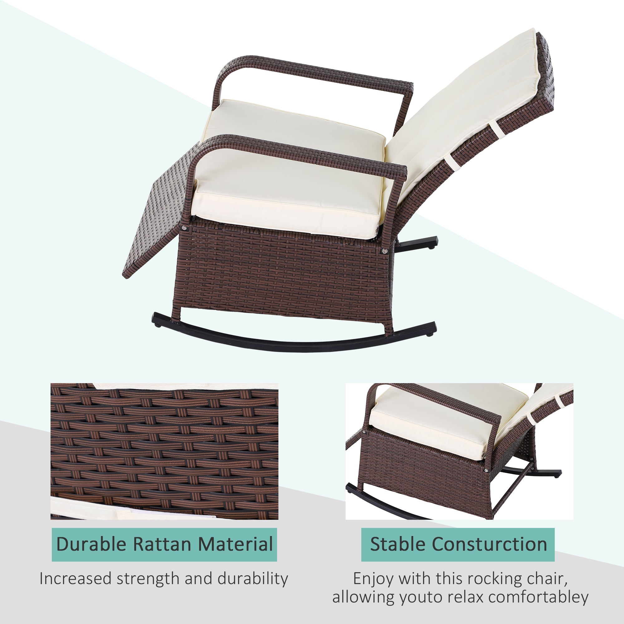 Outsunny Wicker Rocking Chair Outdoor with Cushion PE Rattan Recliner Adjustable Footrest Cream White 