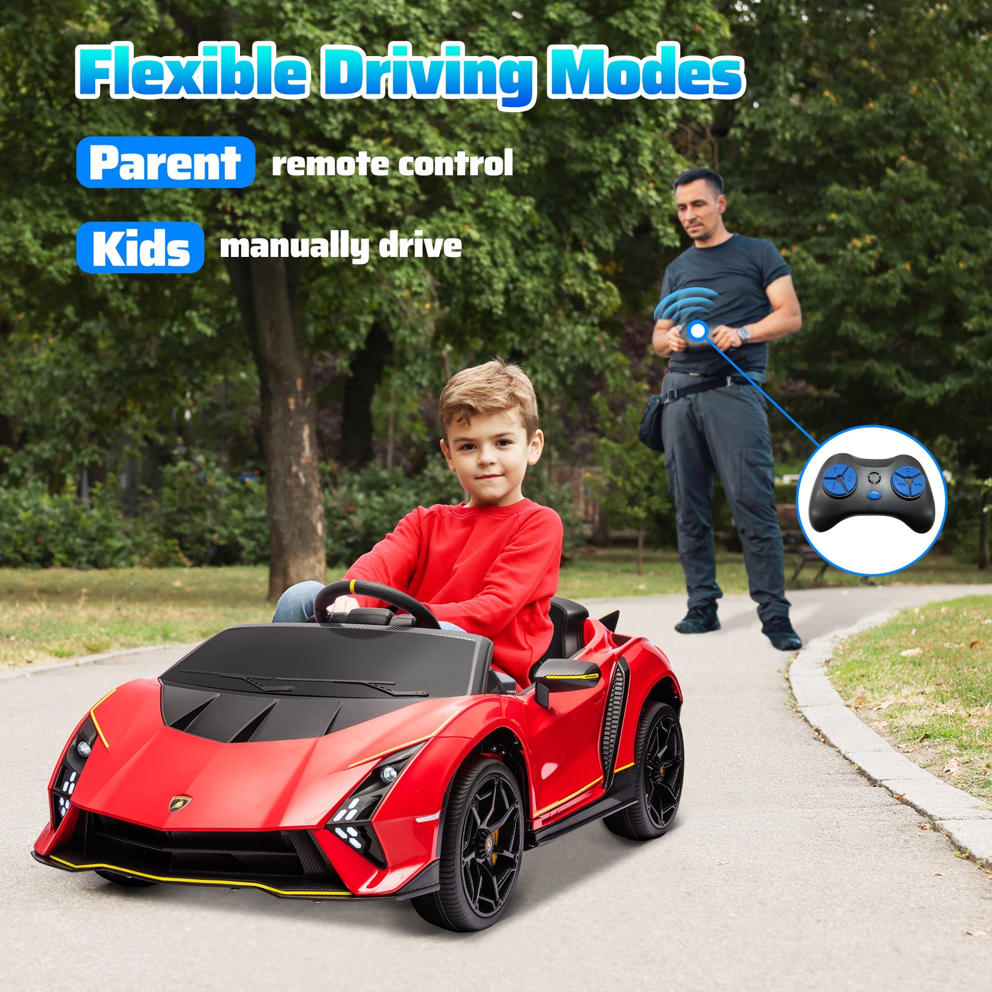 Qaba 12V Lamborghini Autentica Licensed Kids Car with Remote Control, 4 Wheels Spring Suspension, Soft Start, Red 