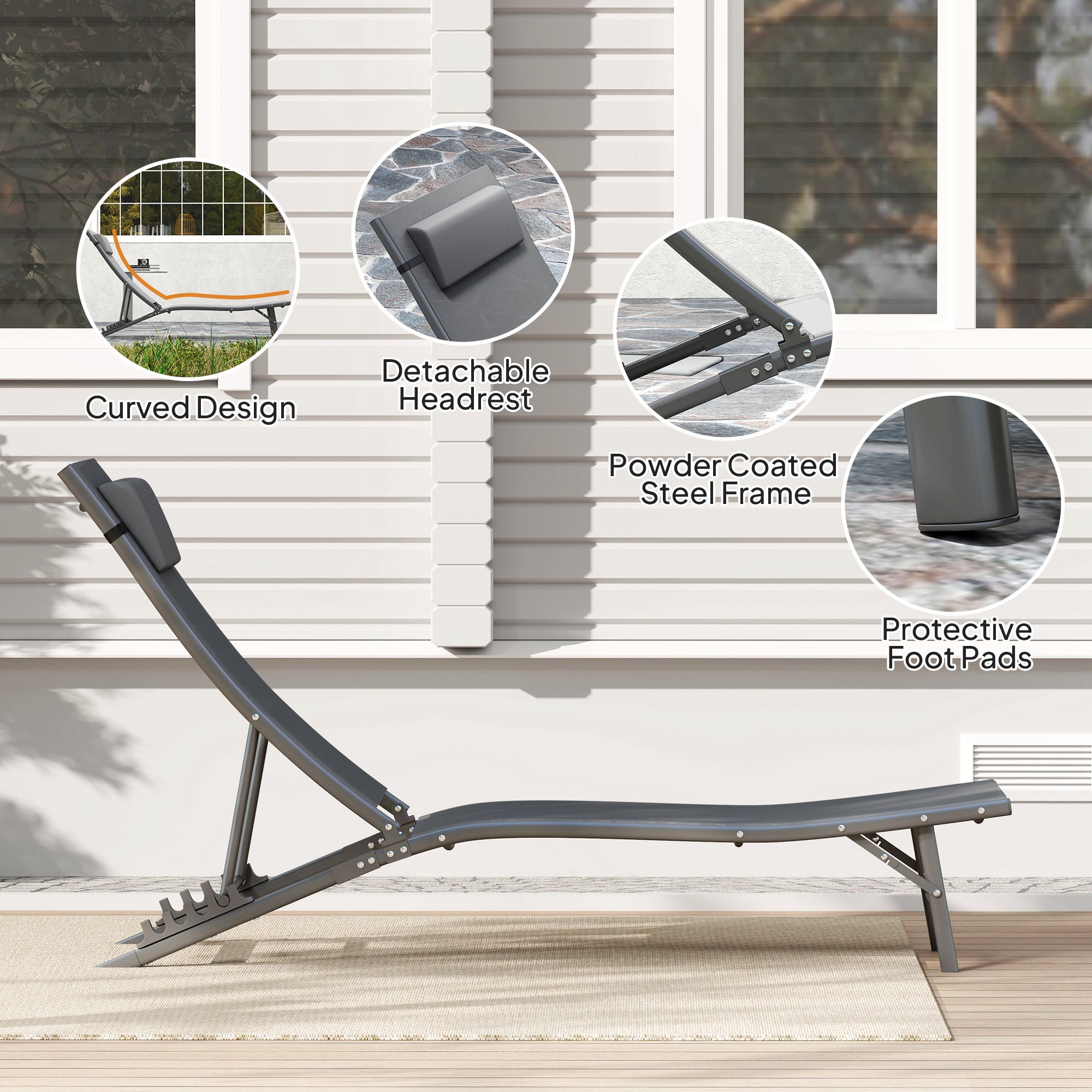 Outsunny Folding Outdoor Chaise Lounge Chair Set of 2 with Adjustable Backrest, Headrest, Mesh Seat for Beach, Poolside, Grey 