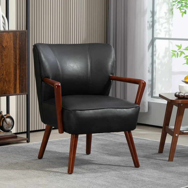 Accent Chair, Modern Armchair, Faux Leather Upholstered Living Room Chair with Wood Legs and Wide Padded Seat, Black