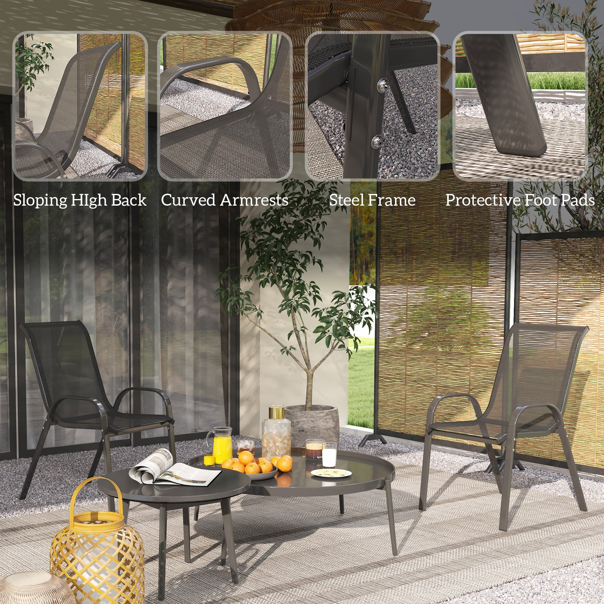 Outsunny Set of 2 Outdoor Dining Chairs, Stackable Lawn Chairs with High Back, Breathable Mesh Seat for Garden Porch, Black 