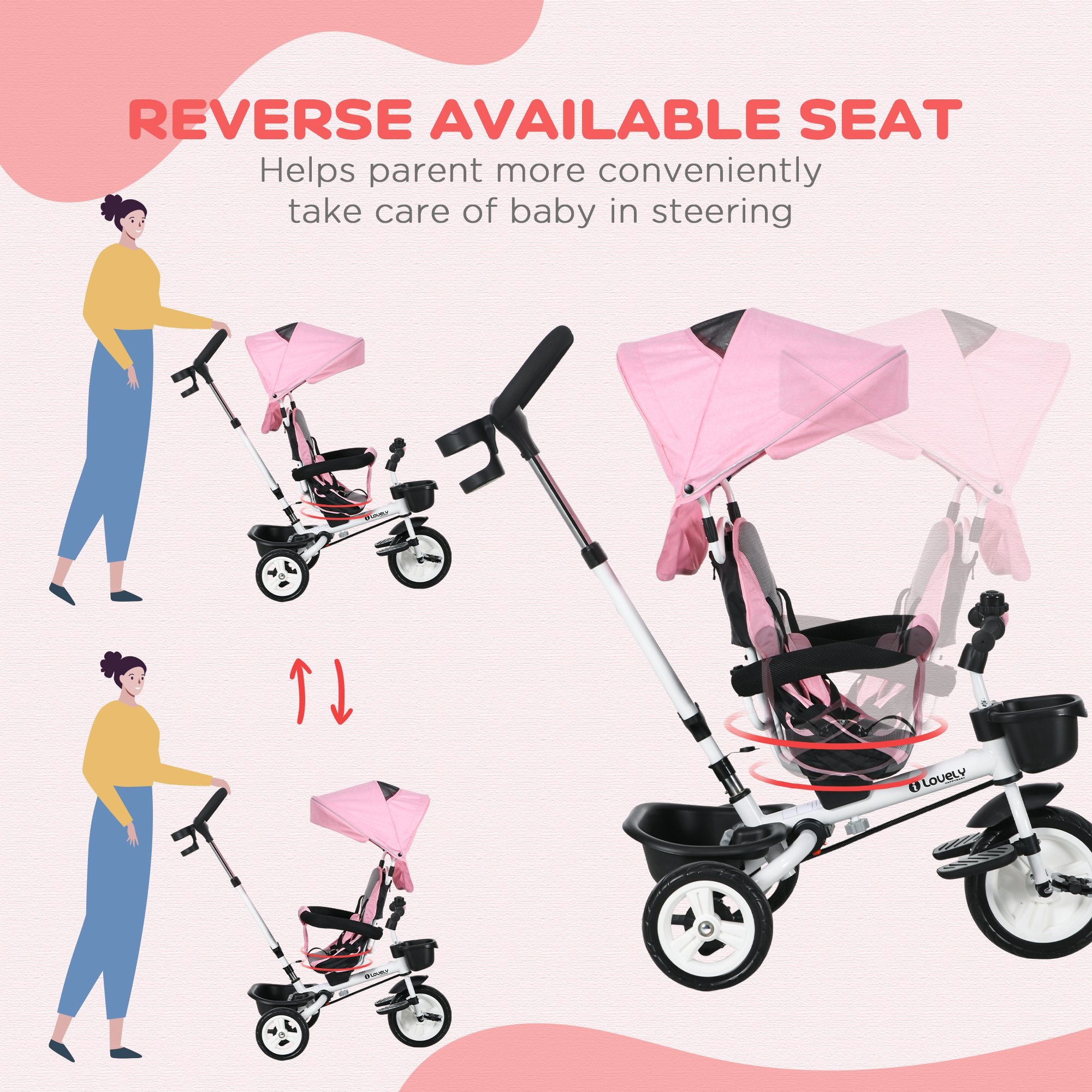 Qaba Pink 6-in-1 Toddler Tricycle with Push Handle, Canopy, Storage, Cupholder - Ideal for Outdoor Fun 