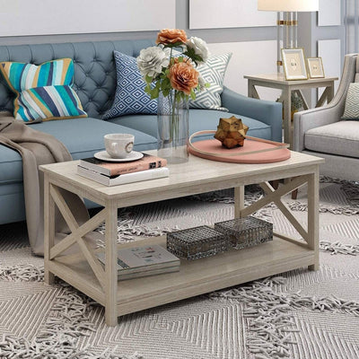 Contemporary Farmhouse Coffee Table in Rustic White Oak Wood Finish - Free Shipping 