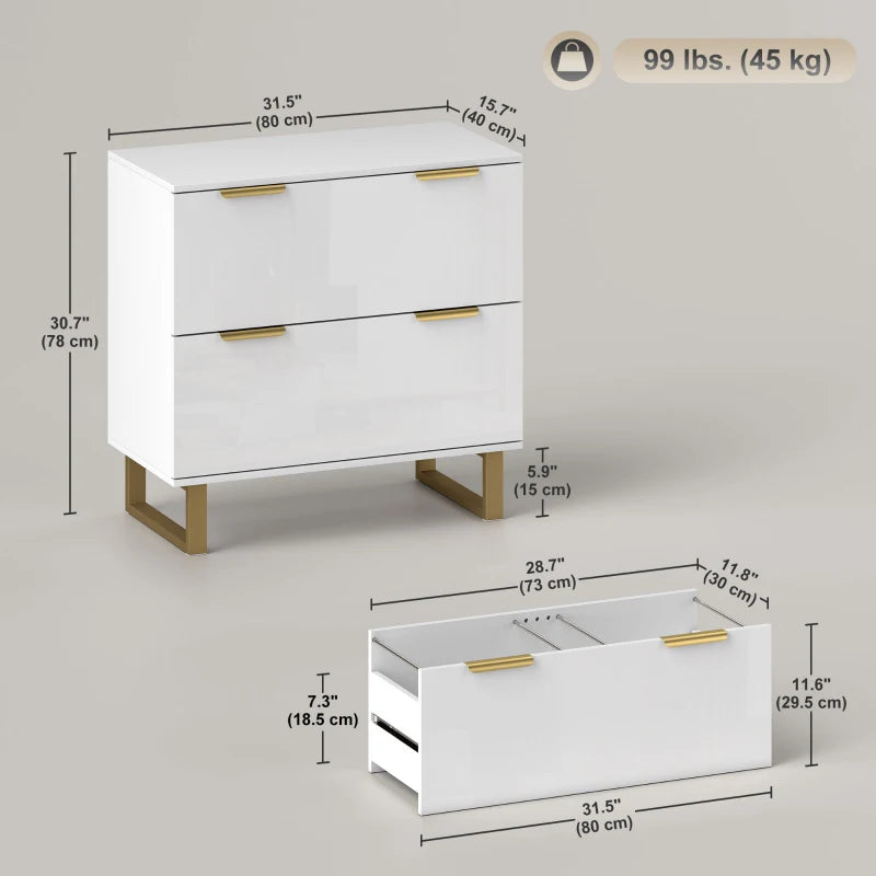 Lateral File Cabinet with 2 Drawers, Modern Filing Cabinet for Letter/A4/Legal Size Files, High Gloss White