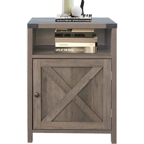 Farmhouse Style End Table Barn Door Nightstand with Open Shelf in Rustic Oak - Free Shipping 