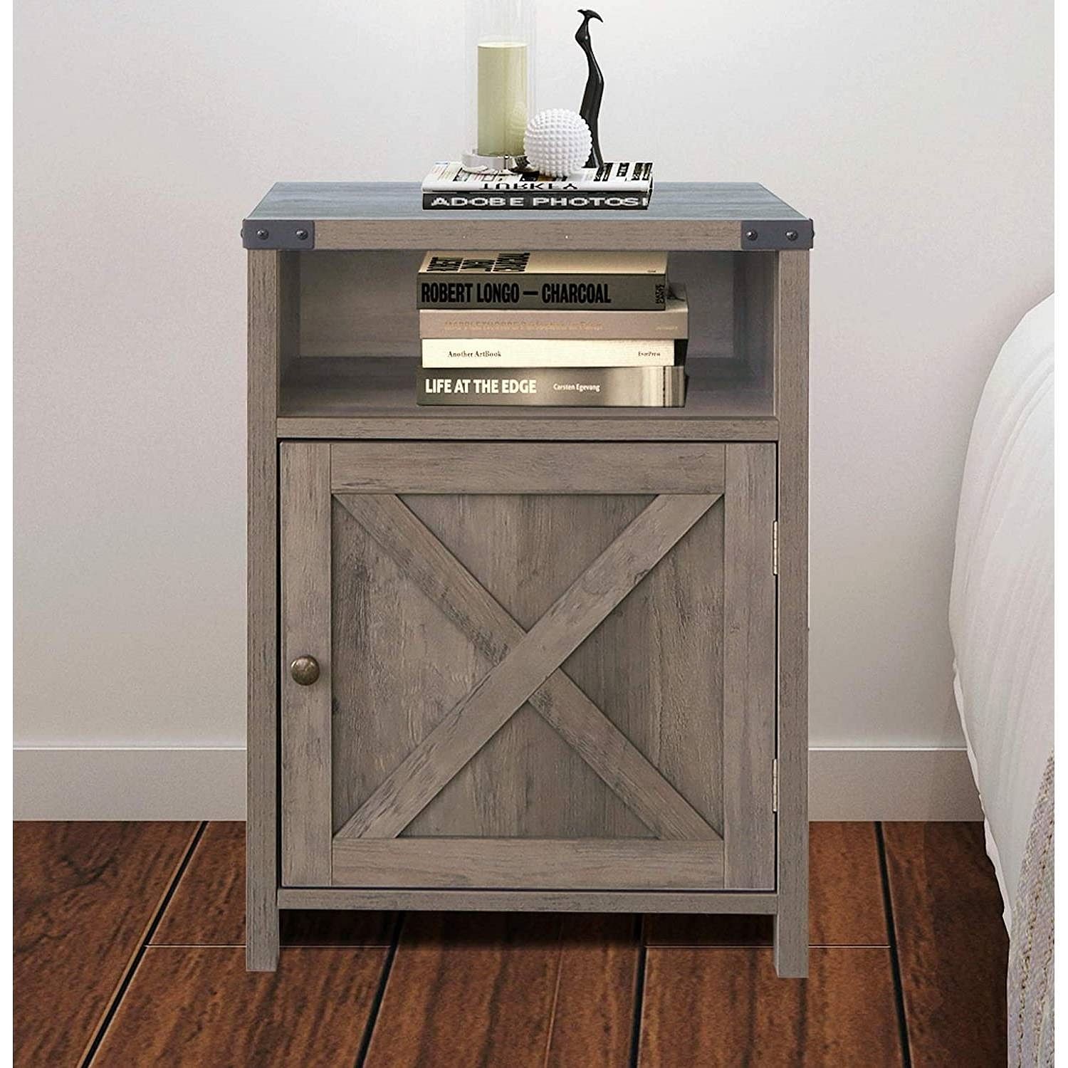 Farmhouse Style End Table Barn Door Nightstand with Open Shelf in Rustic Oak - Free Shipping