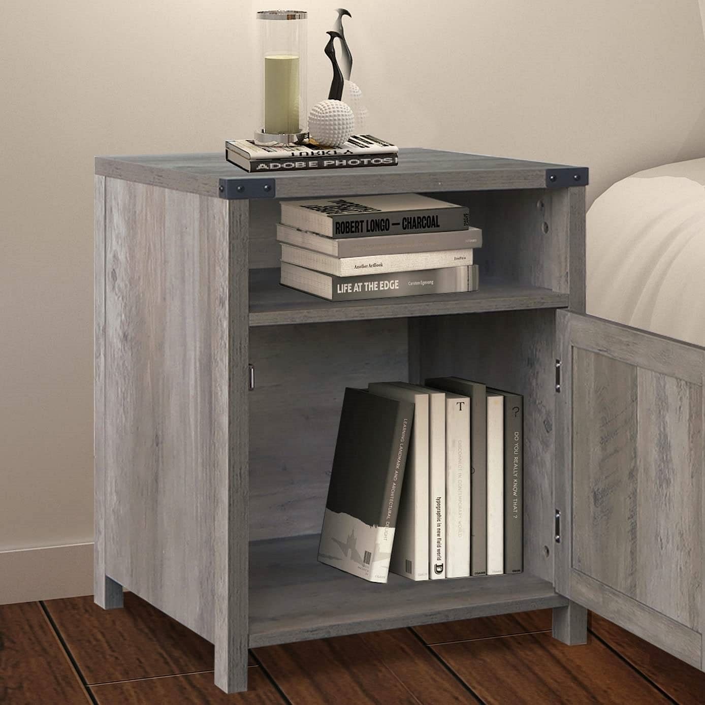 Farmhouse Style End Table Barn Door Nightstand with Open Shelf in Rustic Oak - Free Shipping 