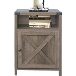 Farmhouse Style End Table Barn Door Nightstand with Open Shelf in Rustic Oak - Free Shipping