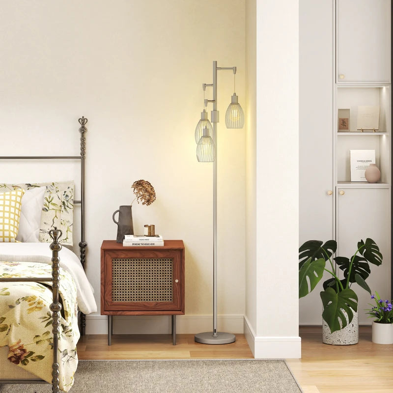 Industrial Floor Lamp with 3 Hanging Wire Lampshades, Dimmable Standing Lamp for Living Room, Silver