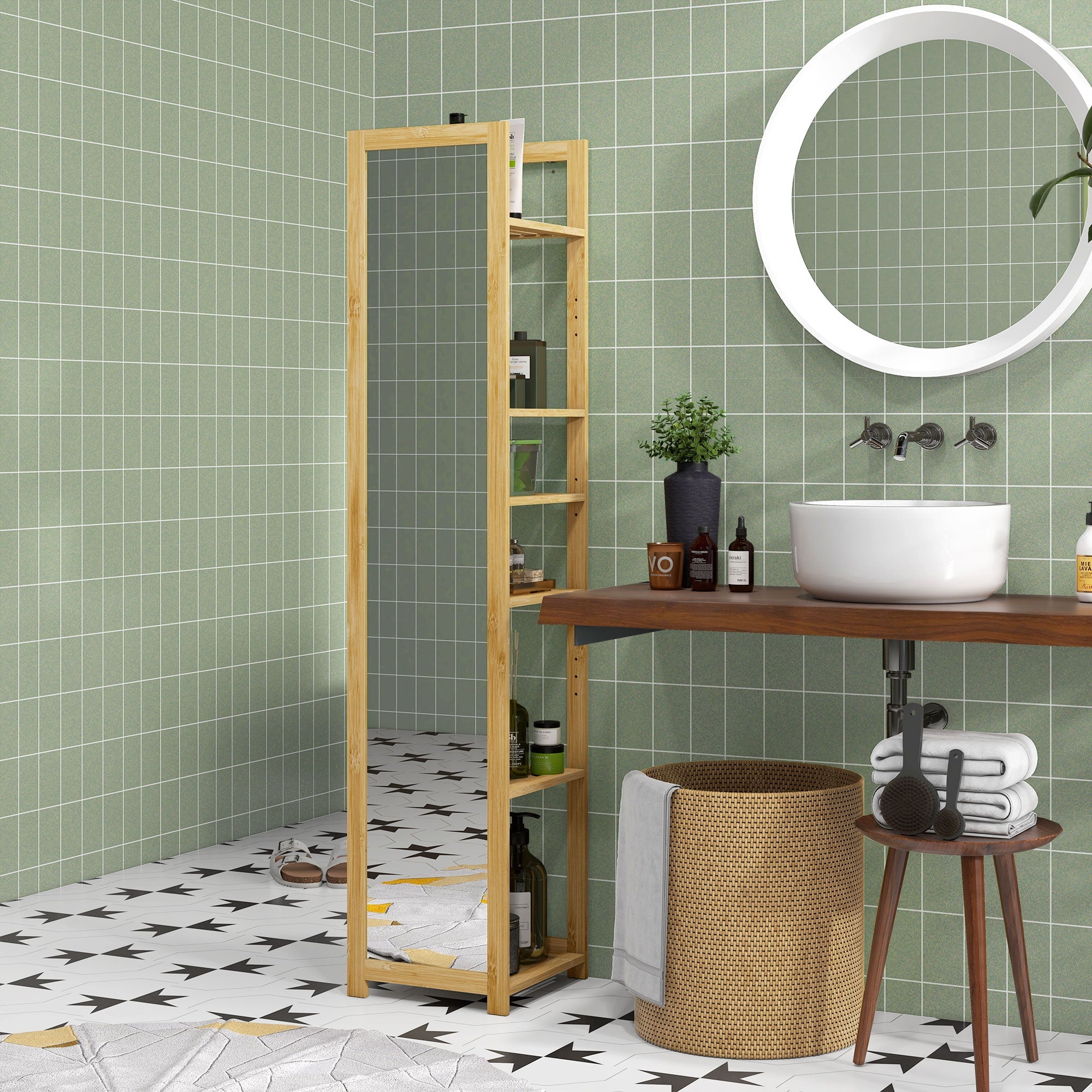 HOMCOM 6-Tier Bamboo Bathroom Shelves with Mirror, Freestanding Bathroom Rack with 6 Slatted Shelves, Nature Wood 