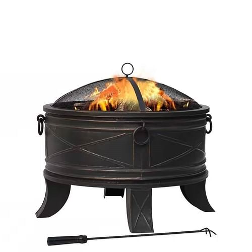 26-inch Round Steel Outdoor Fire Pit with Cover and Poker in Bronze - Free Shipping 