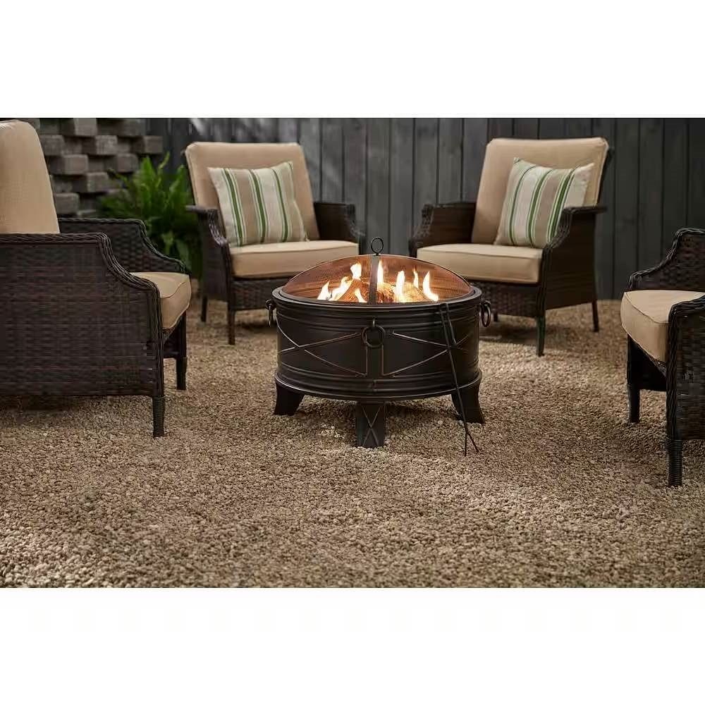 26-inch Round Steel Outdoor Fire Pit with Cover and Poker in Bronze - Free Shipping