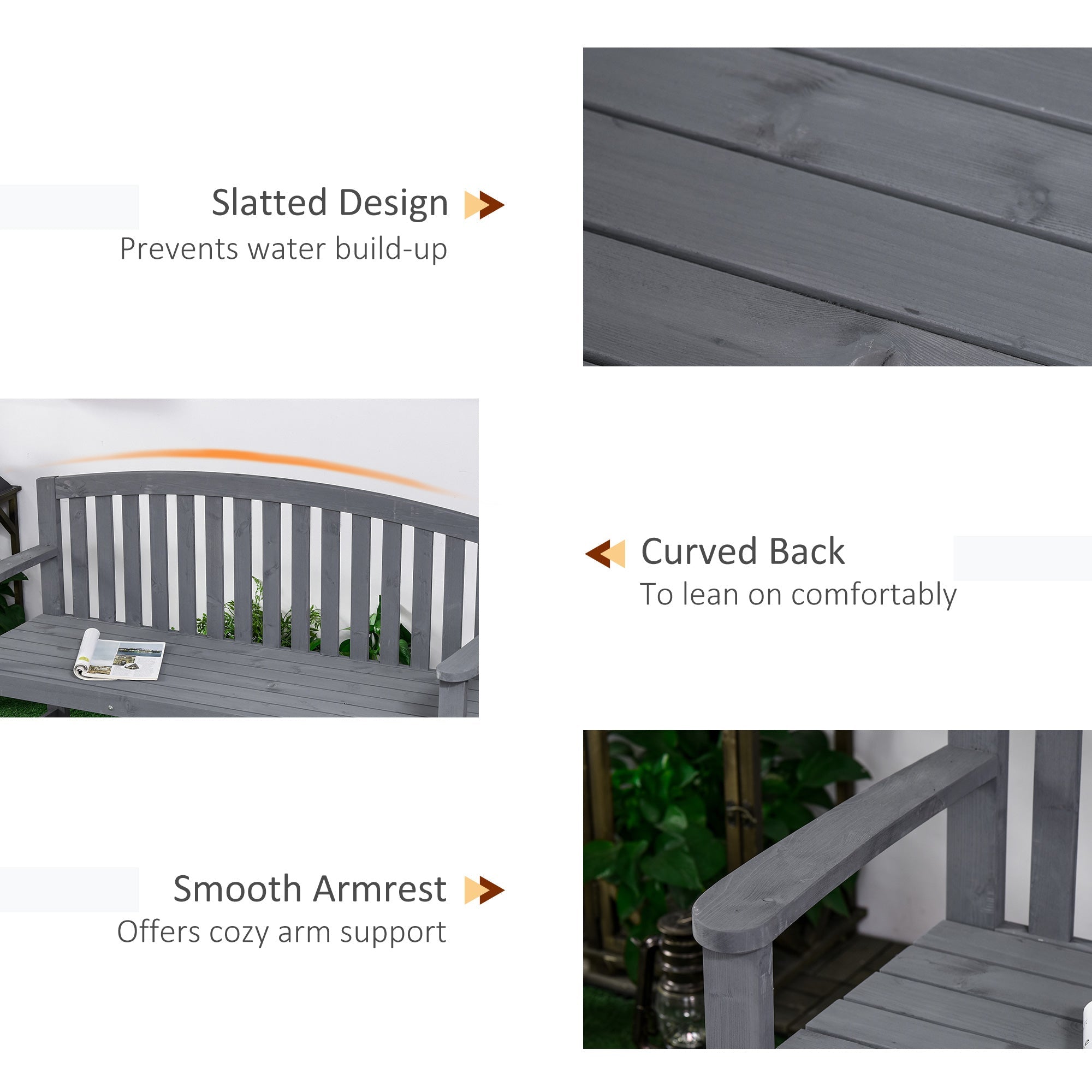 Outsunny Wooden Bench, Outdoor Bench with Slatted Design, Backrest, Armrests for Garden, Park, Backyard, Grey 