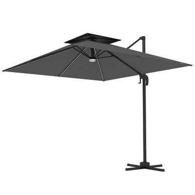 Outsunny 8' Cantilever Patio Umbrella with LED Lights, 360°Rotation, Tilt & Height Adjustment, Crank, Cross Base, Dark Grey 