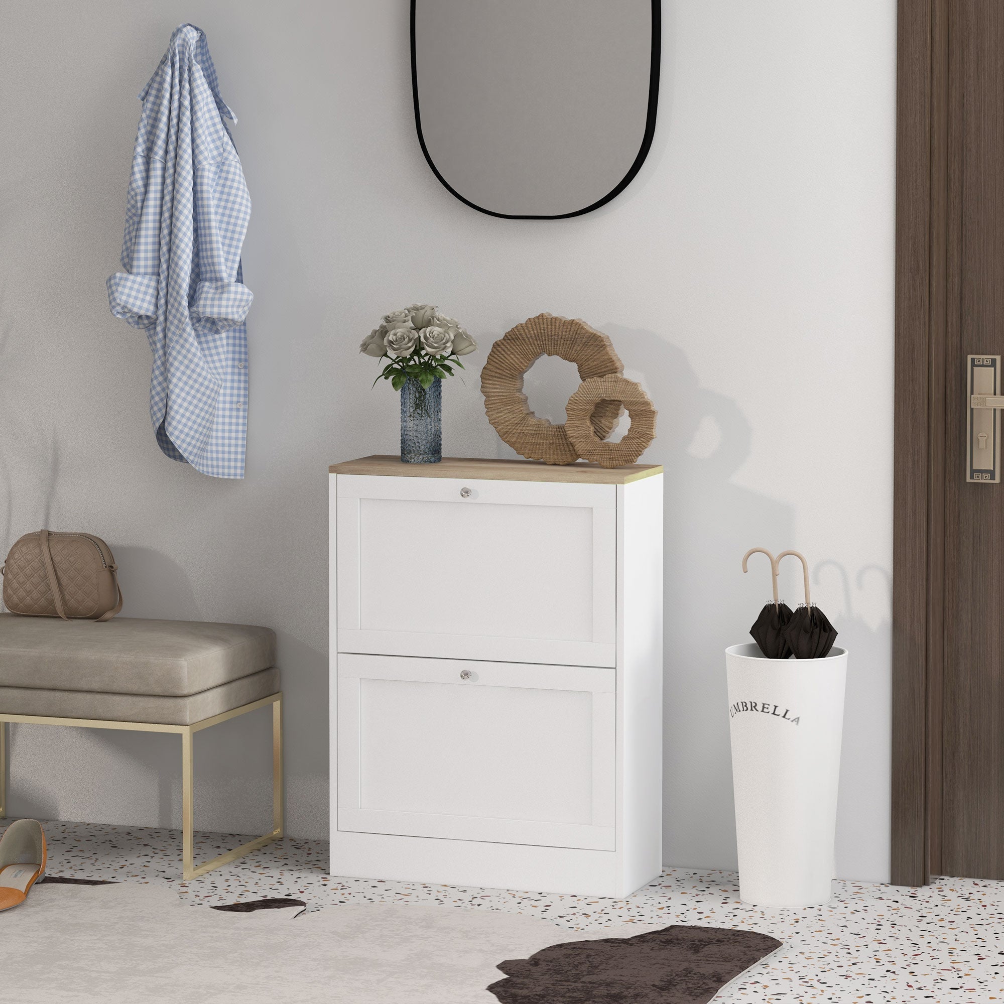 HOMCOM Slim Shoe Storage Cabinet, Modern Shoe Cabinet with 2 Flip Drawers and Adjustable Shelves for 12 Pairs, White 