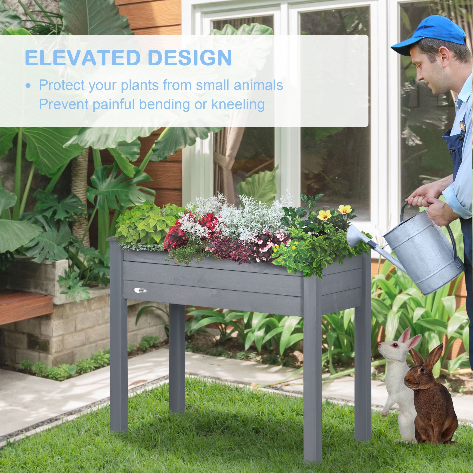 Outsunny Elevated Wooden Planter Box 34"x18"x30" with Legs, Drainage, Inner Bag for Easy Gardening - Dark Grey 