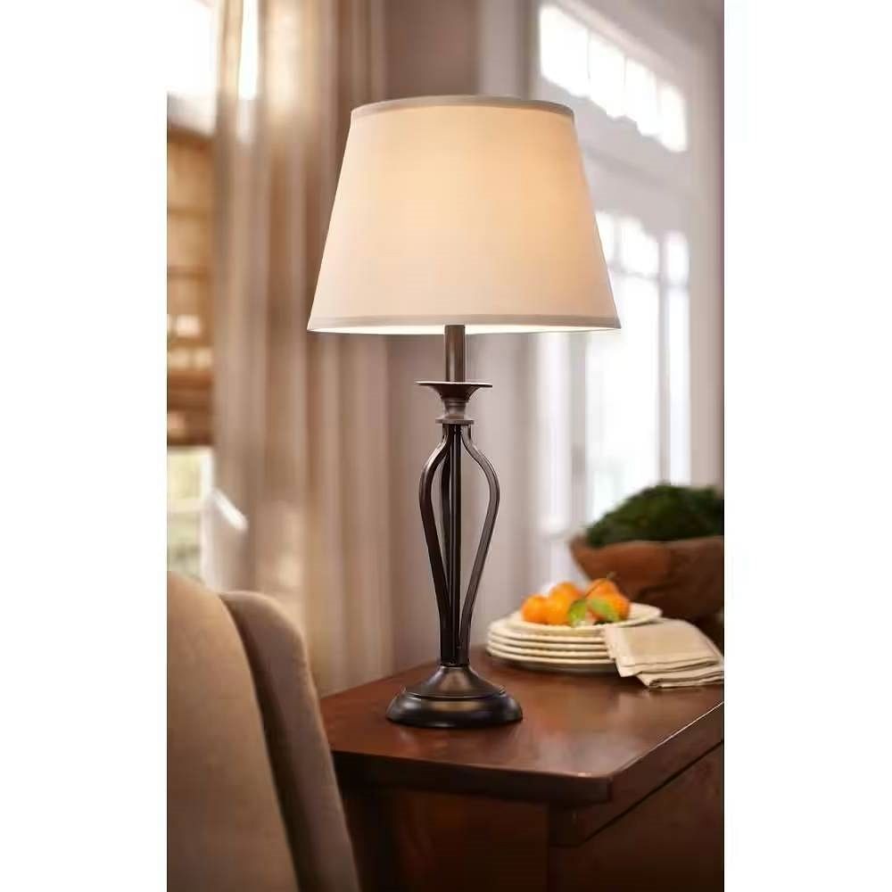 Traditional Bronze Metal Finish Table Lamp with Beige Linen Shade - Free Shipping