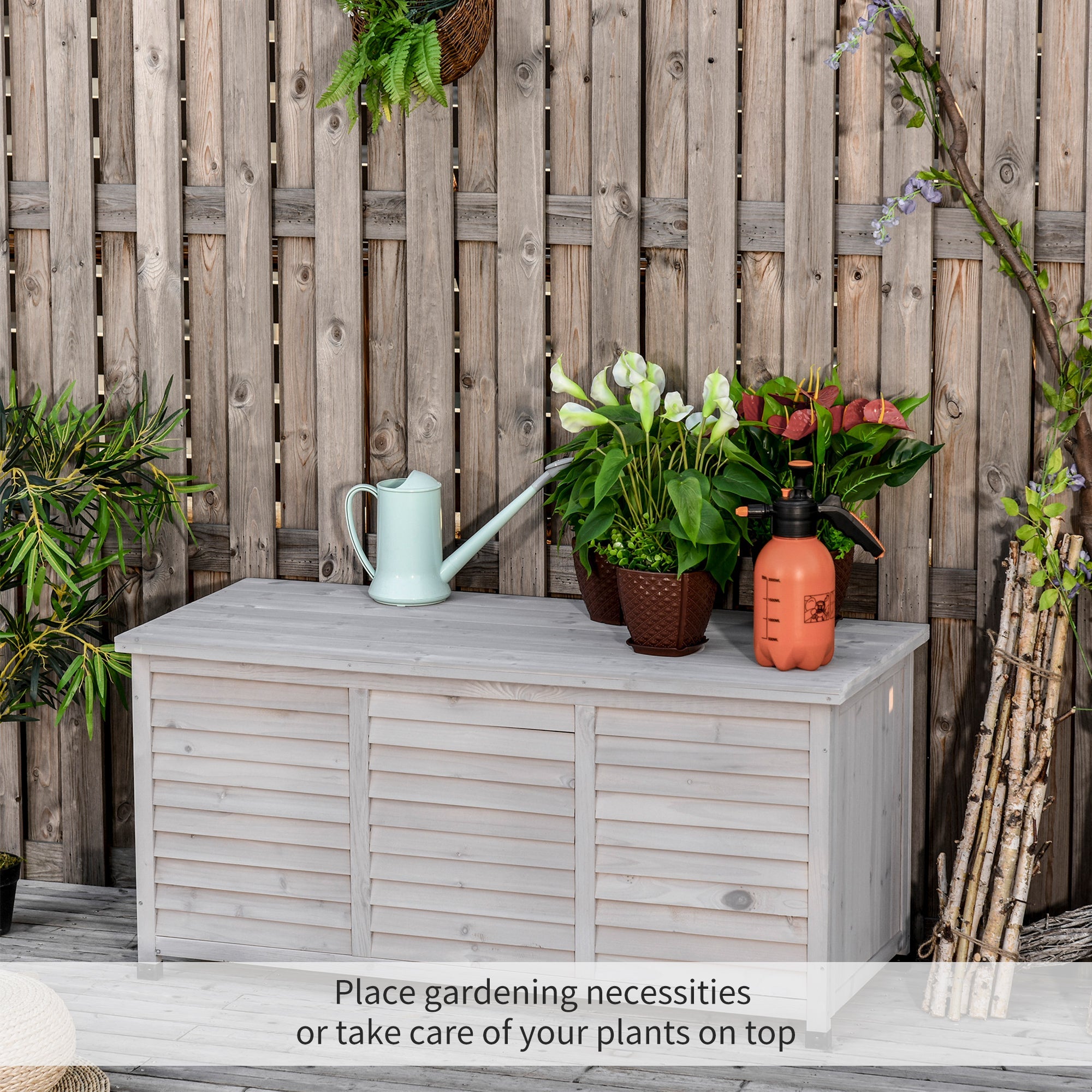 Outsunny 75 Gallon Wooden Deck Box, Outdoor Storage Container with Aerating Gap & Weather-Fighting Finish, Grey 