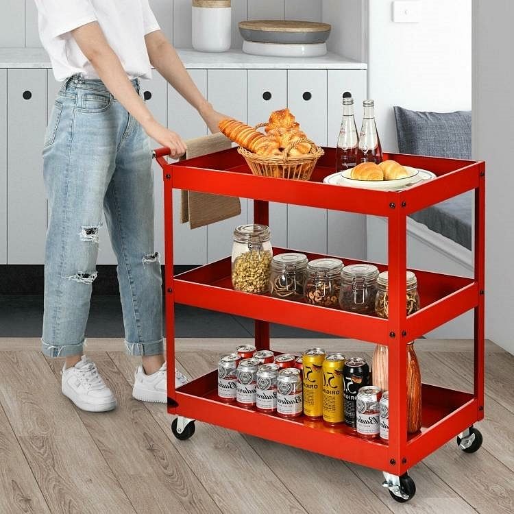 Red Steel Frame Kitchen Serving Utility Cart on Wheels with 2 Bottom Shelves - Free Shipping 