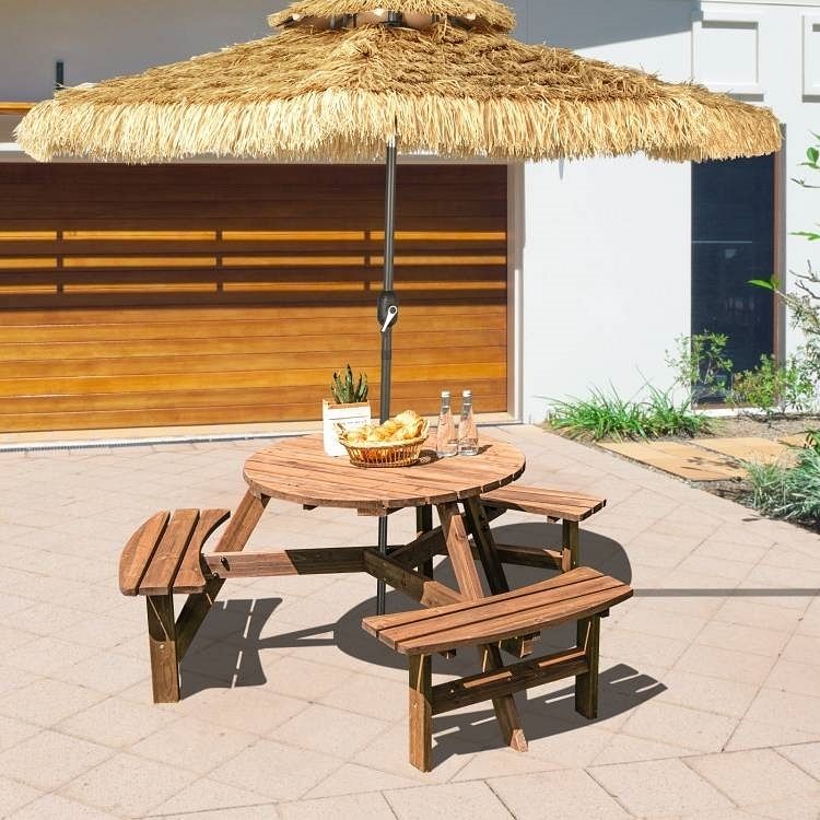 Espresso Wooden 6 Seater Picnic Table Umbrella Hole - Free Shipping 