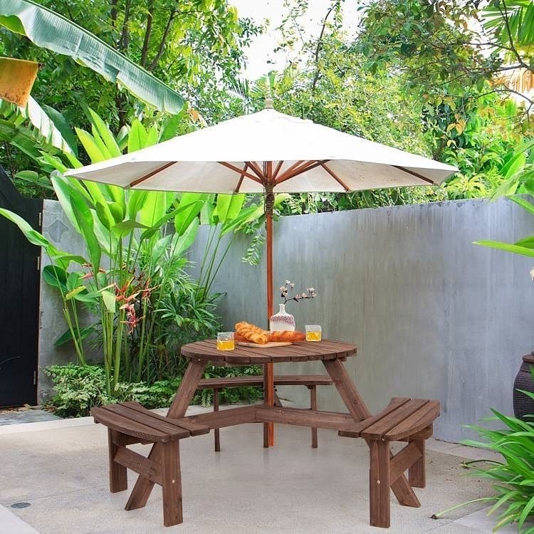 Espresso Wooden 6 Seater Picnic Table Umbrella Hole - Free Shipping 