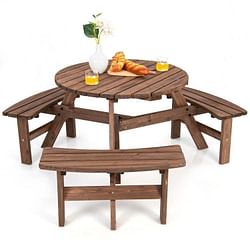 Espresso Wooden 6 Seater Picnic Table Umbrella Hole - Free Shipping 
