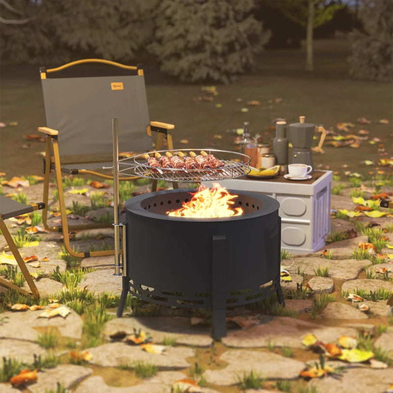Outdoor Fire Pit, Round Firepit with Grill Grate, Fire Bowl with Ash Catcher and Poker for Backyard Camping Bonfire Picnic, Black