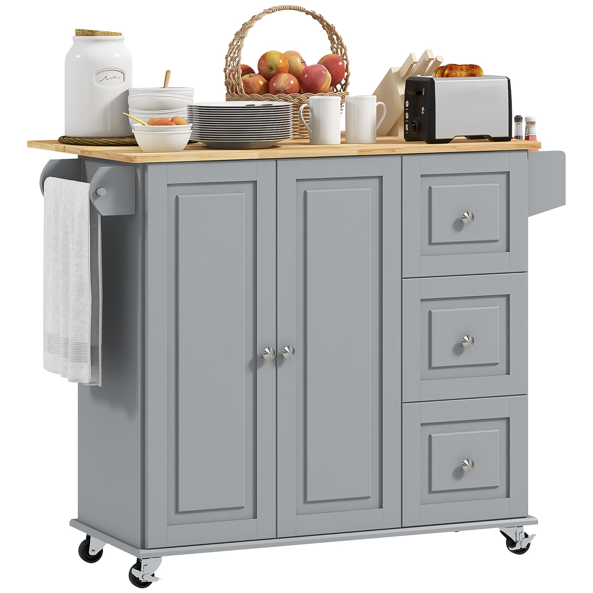 HOMCOM Kitchen Island on Wheels, Kitchen Cart with Drop Leaf, Drawers, Grey 