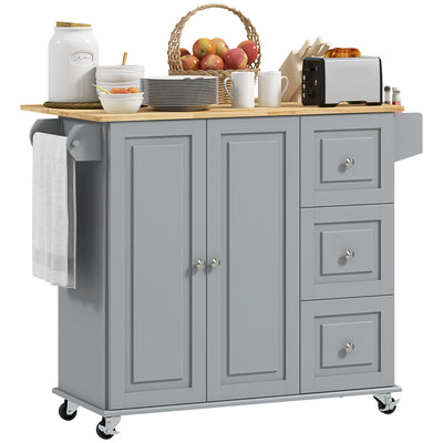 HOMCOM Kitchen Island on Wheels, Kitchen Cart with Drop Leaf, Drawers, Grey 