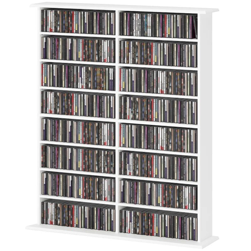 8-Tier DVD Shelf with 12 Adjustable Shelves, Double CD Shelf, Holds 720 CDs, 396 DVDs or 396 Blu-rays, White