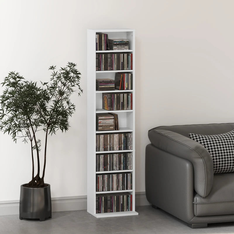 Media Storage Cabinet, 9-Tier Tall Narrow DVD Shelf with 6 Adjustable Shelves, White