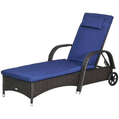 Outsunny Outdoor Lounger Deck Chair with Headrest 5-Level Adjustable Backrest Wheels Deep Coffee Navy Blue 