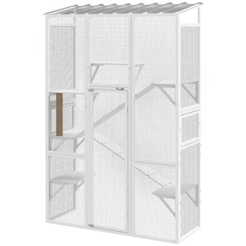 Wooden Catio Outdoor Cat Enclosure with 6 Jumping Platforms, Scratching Post, 2 Ramps, Waterproof Roof, White