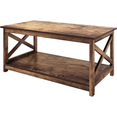 Contemporary 2-Tier Farmhouse Coffee Table in Rustic Wood Finish - Free Shipping 