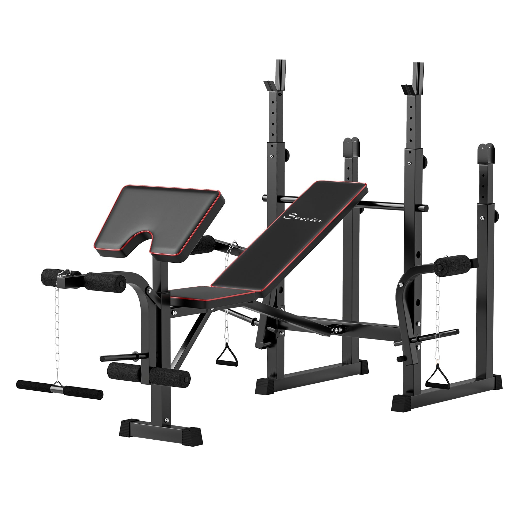 Soozier Folding Weight Bench with Barbell Rack, Preacher Curl Bench, Leg Curl Machine for Home Weight Lifting Strength Training 