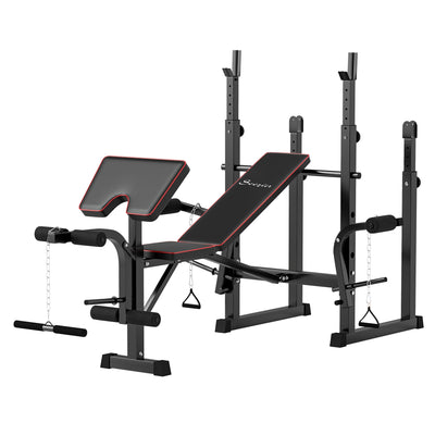 Soozier Folding Weight Bench with Barbell Rack, Preacher Curl Bench, Leg Curl Machine for Home Weight Lifting Strength Training 