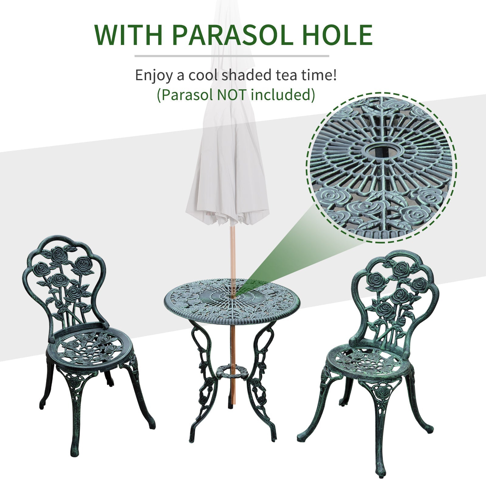 Outsunny 3 Pieces Antique Style Patio Bistro Table Chair Set Outdoor Garden Furniture Indoor Tea Table w/ Umbrella Hole and Chair Set| Aosom Canada 