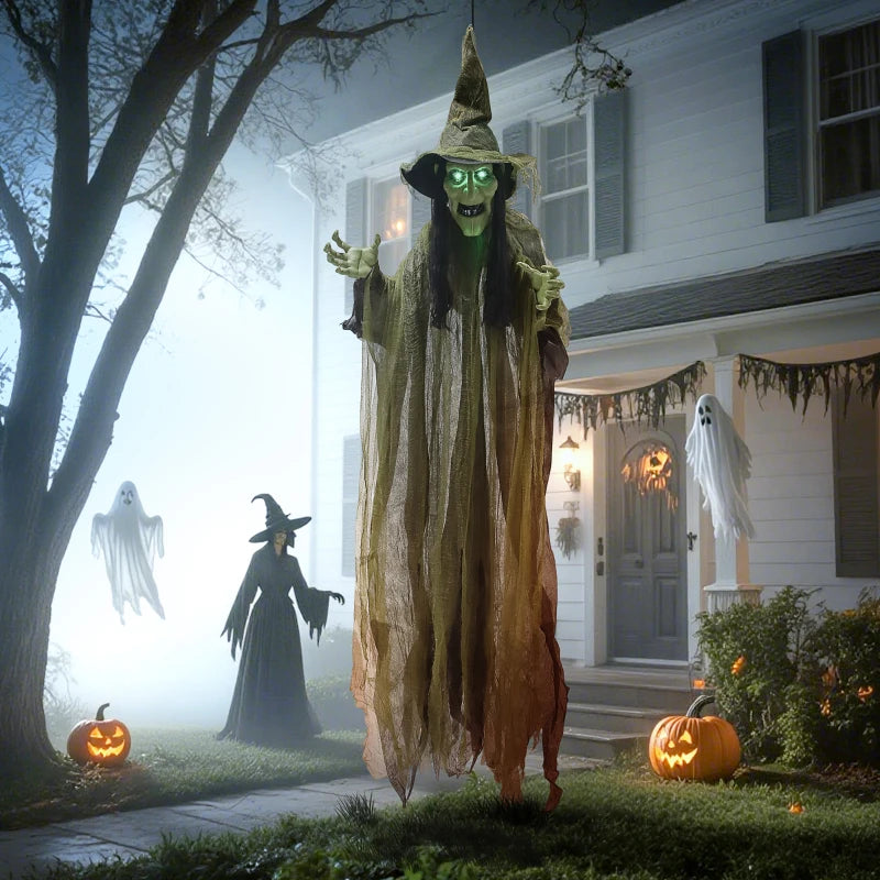 Outsunny Animated Hanging Witch – Voice-Activated, Flashing Eyes & Wicked Laughter, Green Halloween Prop 