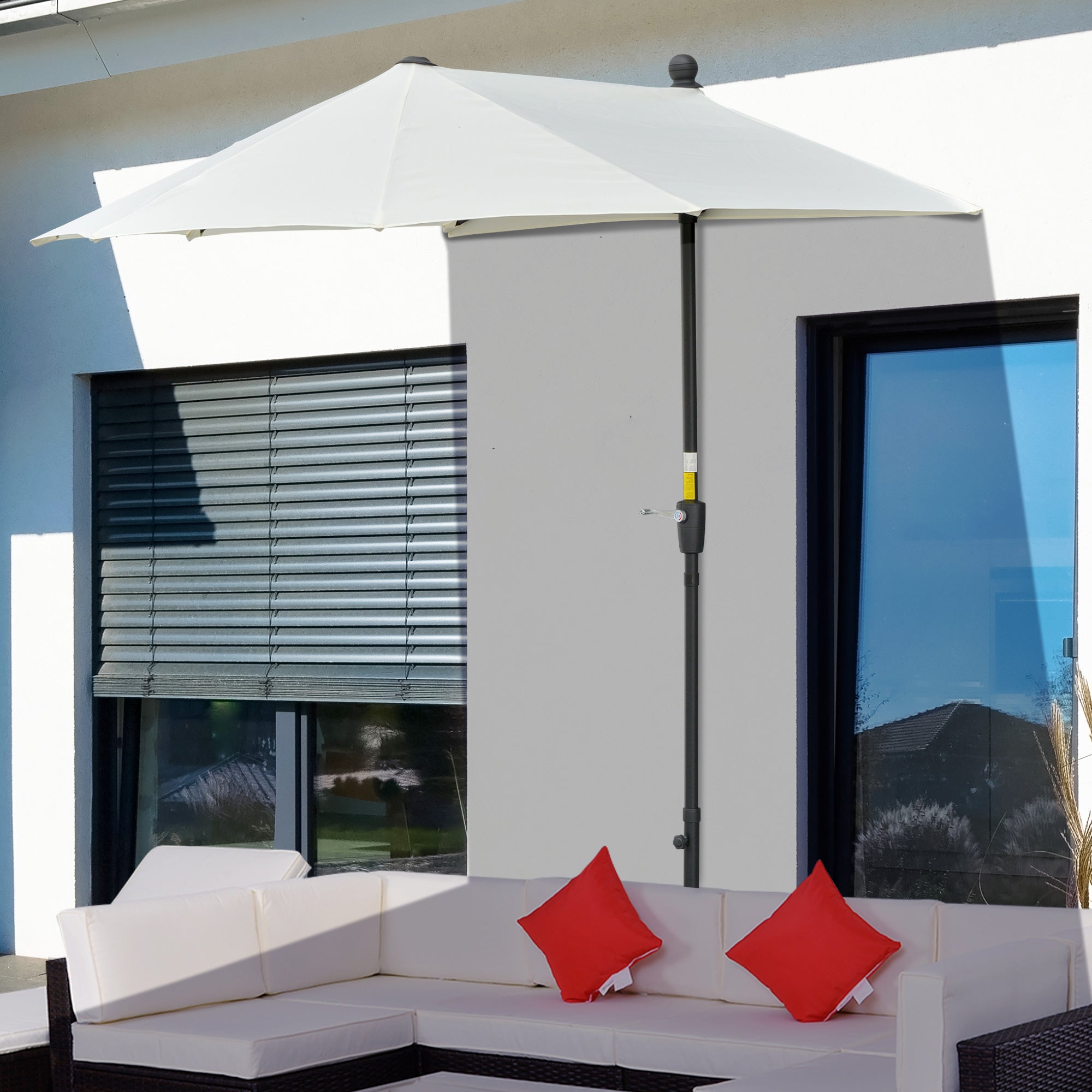 Outsunny Half Patio Umbrella 6.6x6ft with Double-Sided Canopy, Crank Handle, Base - Ideal for Garden, Balcony in Cream 
