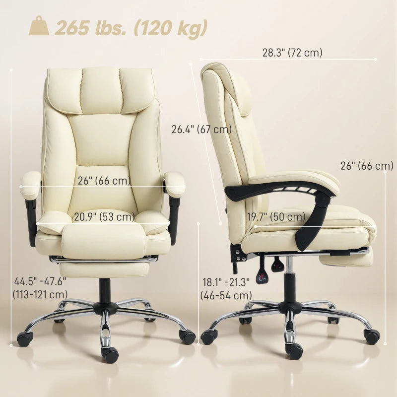 Executive Office Chair, Pet-Friendly Leather Ergonomic Desk Chair with Footrest, Swivel Recliner, Beige