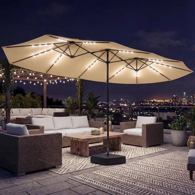 Double-sided Patio Umbrella with Base Included & 48 LED Lights 15ft Khaki