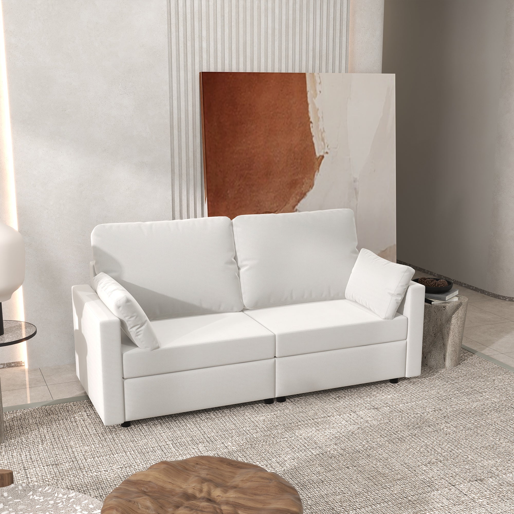 HOMCOM 77" Modern 3 Seater Sofa Upholstered Couch with 2 Throw Cushions Cream White for Living Room Bedroom 