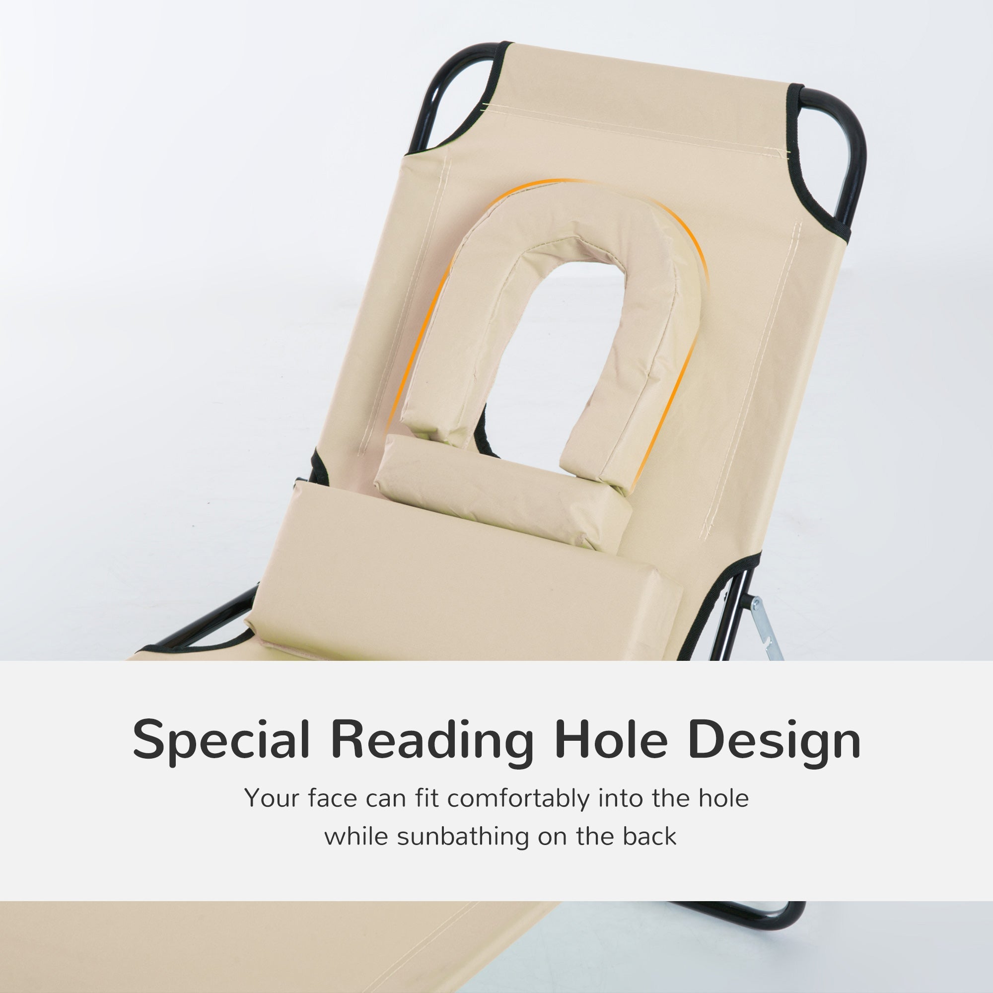 Outsunny Outdoor Lounge Chair Garden Folding Chaise with Adjustable Backrest Reading Hole Support Pillow Beige 