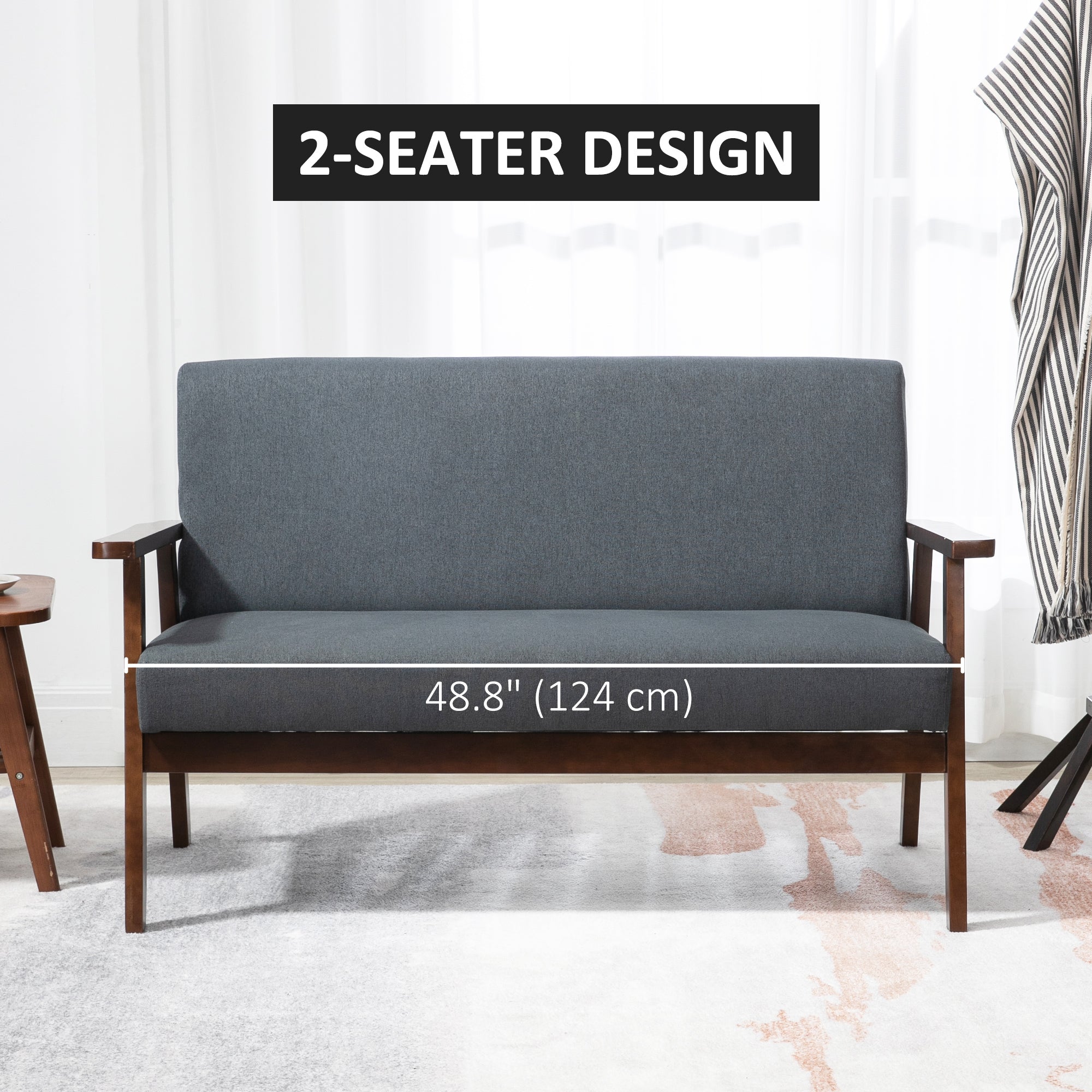 HOMCOM Compact Linen Loveseat Sofa: Double Seat with Rubber Wood Frame, Dark Grey 